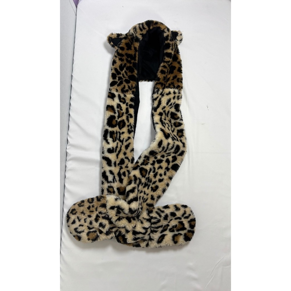 Claire's Leopard Faux Fur Hooded Scarf Kids 57cm Brown Animal Ear Mitten Pockets